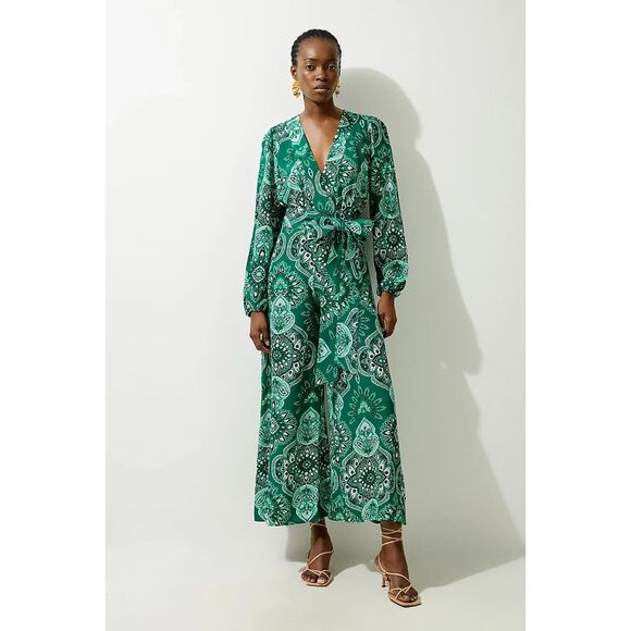 Karen Millen Petite Paisley Printed Morocain Woven Jumpsuit - Green 8 - Picture 1 of 12